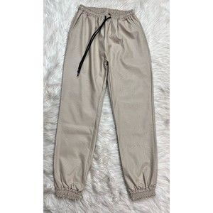 Rebellious Womens Faux Leather Jogger Pant Ivory Beige Made in Italy NWT Size S